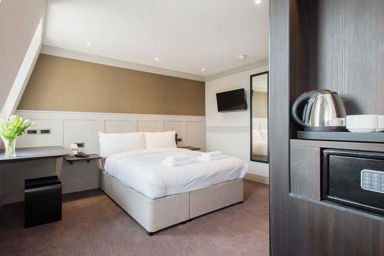 Hotel room interior at fictional Aurora Crown Resort